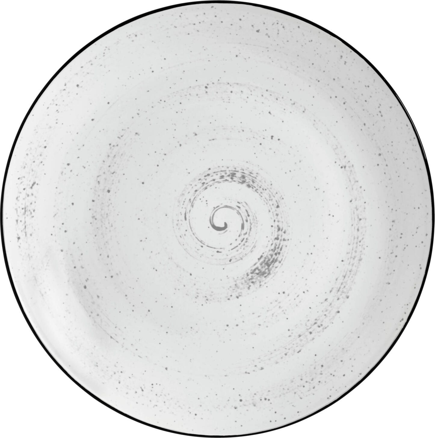 VEGA Fungio Round Porcelain Flat Plate, 6 pieces, White with Black Decorative Rim and Speckles, Vintage Hand-Painted Spiral Pattern, Dishwasher and Microwave Safe