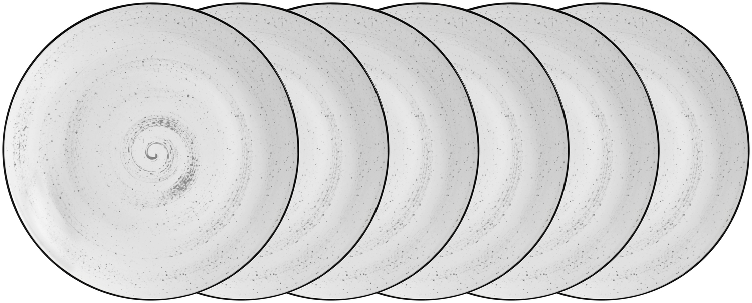 VEGA Fungio Round Porcelain Flat Plate, 6 pieces, White with Black Decorative Rim and Speckles, Vintage Hand-Painted Spiral Pattern, Dishwasher and Microwave Safe