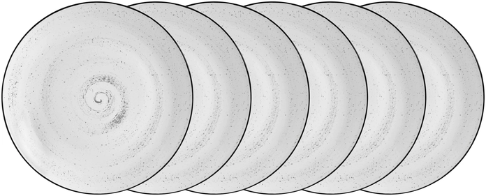 VEGA Fungio Round Porcelain Flat Plate, 6 pieces, White with Black Decorative Rim and Speckles, Vintage Hand-Painted Spiral Pattern, Dishwasher and Microwave Safe