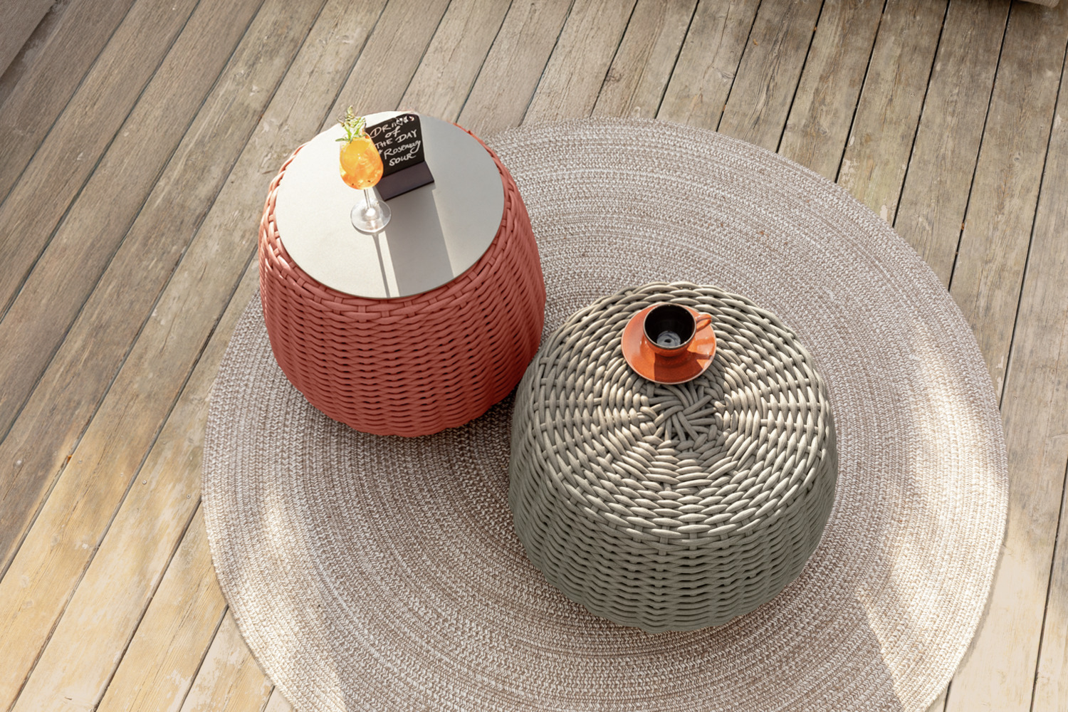 VEGA Tavano Outdoor Pouf and Side Table 2-in-1, Rope Wicker, Aluminium Frame, 55cm Diameter x 50cm Height, Weatherproof UV-Resistant, Terracotta