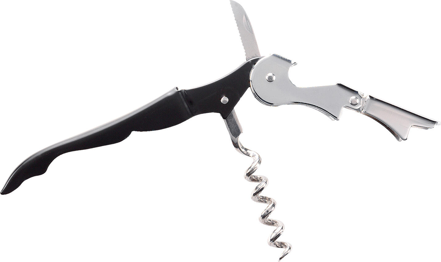 PULSIVA LUSINI Solutions GmbH Waiter's knife  Basic Kellnermesser  Basic Waiter's knife  Basic; 12.2x1.3x3 cm (LxWxH); black/silver; 2 piece / pack Kellnermesser  Basic; 12.2x1.3x3 cm (LxBxH); schwarz/silber; 2 Stück / Pack Classic waiter knife made of stainless steel, stainless and carbon steel. Handle made of plastic. Incl. small foil knife. Dishwasher suitable. Klassisches Kellnermesser aus Chrom-Edelstahl und Carbonstahl. Griff aus Kunststoff. Inkl. kleinem Folien-Messer. Spülmaschinengeeignet.