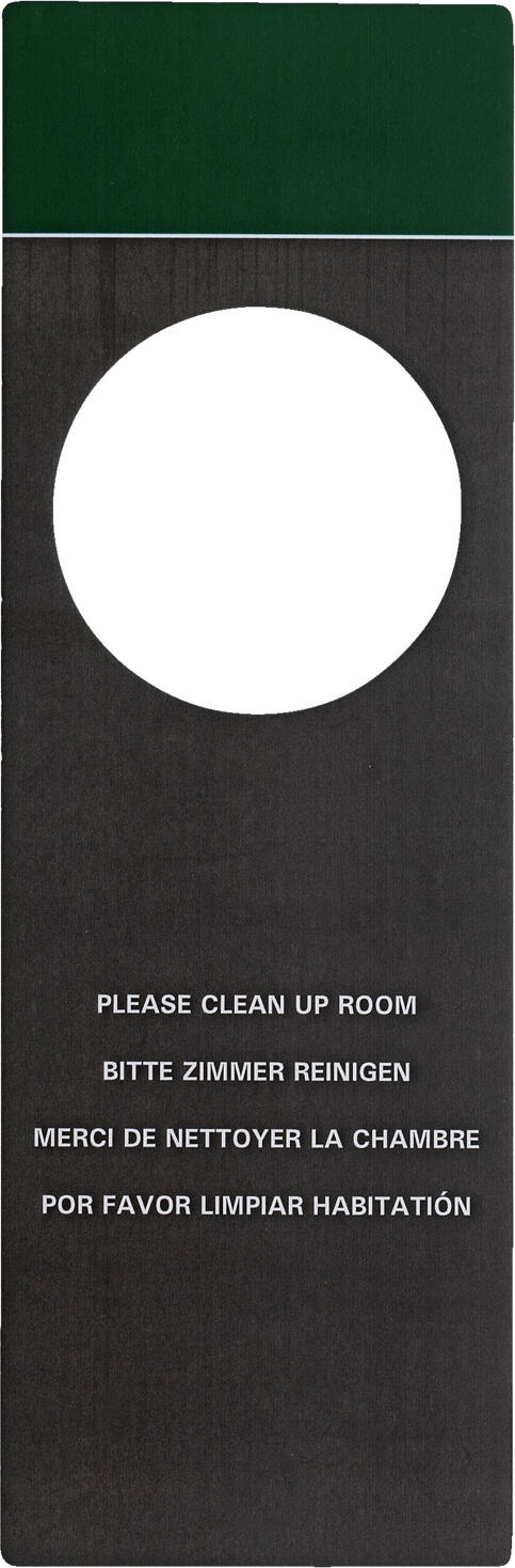 PULSIVA LUSINI Solutions GmbH Hotel door hanger rectangular Türhänger Hotel rechteckig Hotel door hanger rectangular; 23.8x7.8 cm (LxW); black; rectangular; 10 piece / pack Türhänger Hotel rechteckig; 23.8x7.8 cm (LxB); schwarz; rechteckig; 10 Stück / Pack Elegant door hanger made of cardboard. Printed on two sides in four languages (GB/D/F/ES) (PLEASE DO NOT DISTURB/PLEASE CLEAN THE ROOM). With the help of the door hanger, your guests can quickly show whether they want privacy or whether your team needs to clean the room. Supplied in a pack of 10. Schlichter Türhänger aus Karton. Zweiseitig in vier Sprachen (GB/D/F/ES) bedruckt (BITTE NICHT STÖREN / BITTE ZIMMER REINIGEN). Mithilfe des Türanhängers können Ihre Gäste im Handumdrehen anzeigen, ob Sie Privatsphäre wünschen oder der Raum durch Ihr Team gereinigt werden soll. Lieferung im 10er-Pack.