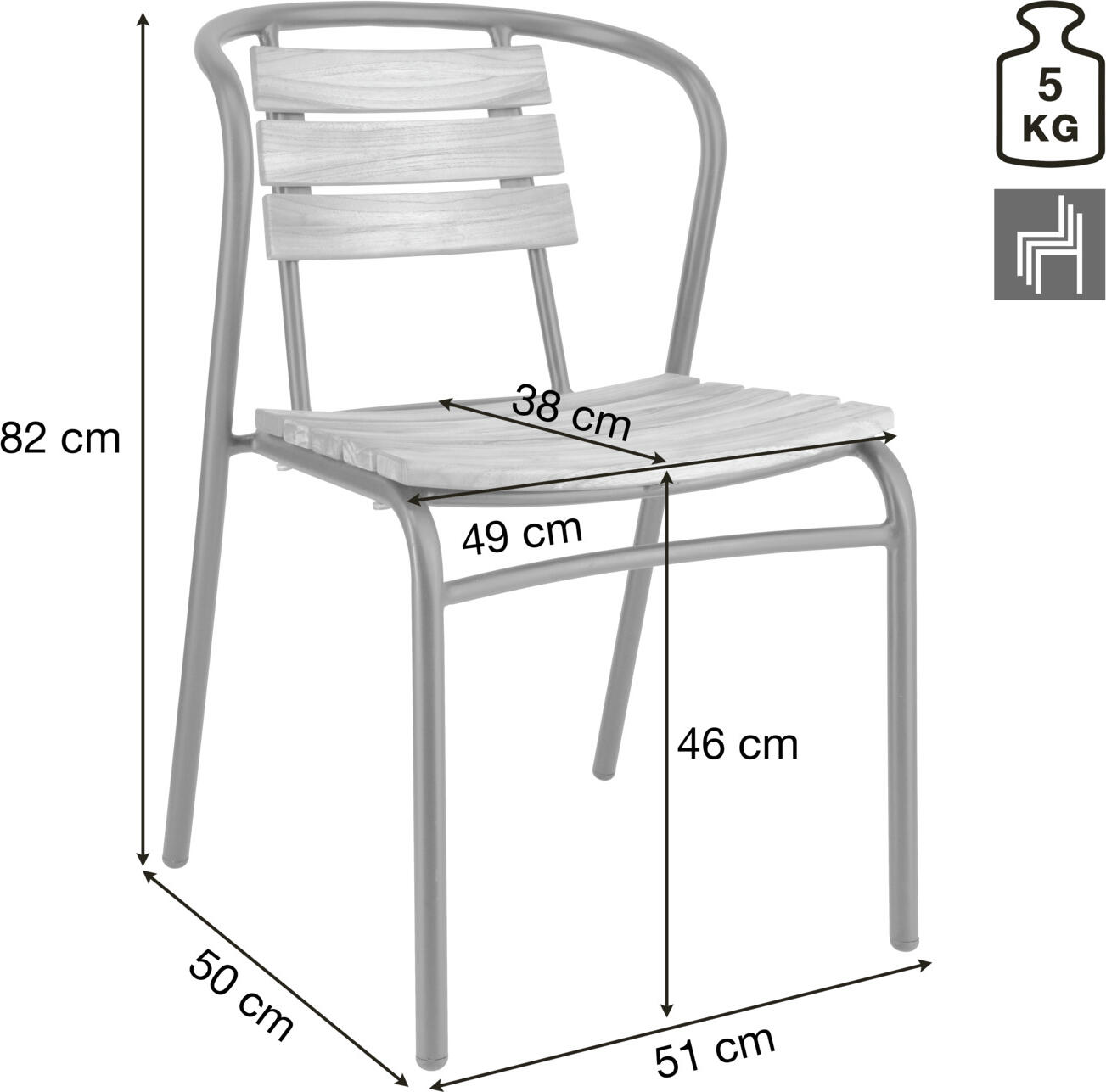 VEGA LUSINI Zoli Outdoor Teak Chair, Black Base, Aluminium Frame, Untreated Teak Slats, Stackable, Weatherproof and UV-resistant, 51x50x82 cm