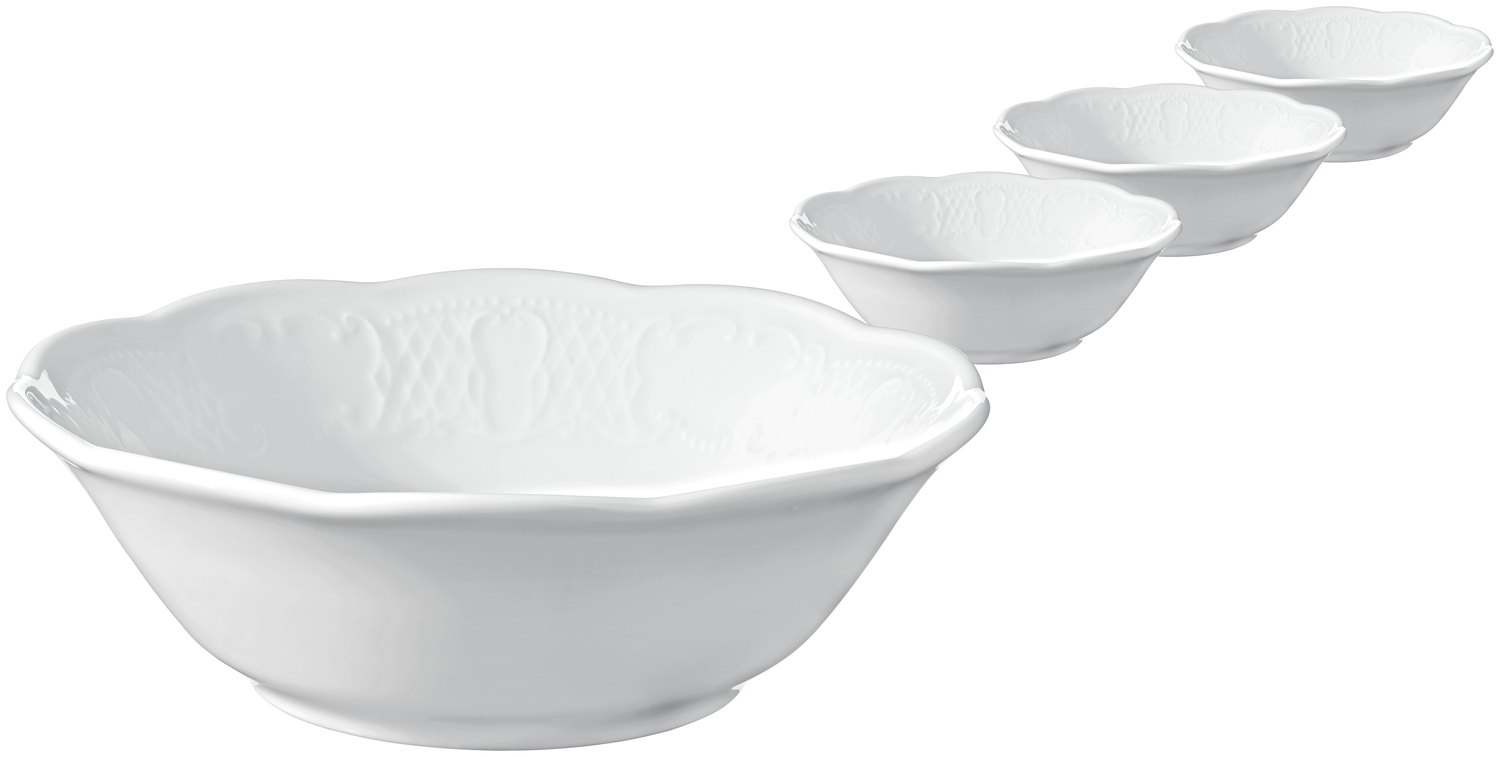 VEGA Menuett White Porcelain Conical Coup Bowl with Filigree Relief, 450 ml, 16 cm Diameter, 5.3 cm Height, Set of 4 pieces, Dishwasher and Microwave Safe