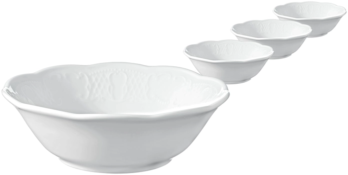 VEGA Menuett White Porcelain Conical Coup Bowl with Filigree Relief, 450 ml, 16 cm Diameter, 5.3 cm Height, Set of 4 pieces, Dishwasher and Microwave Safe