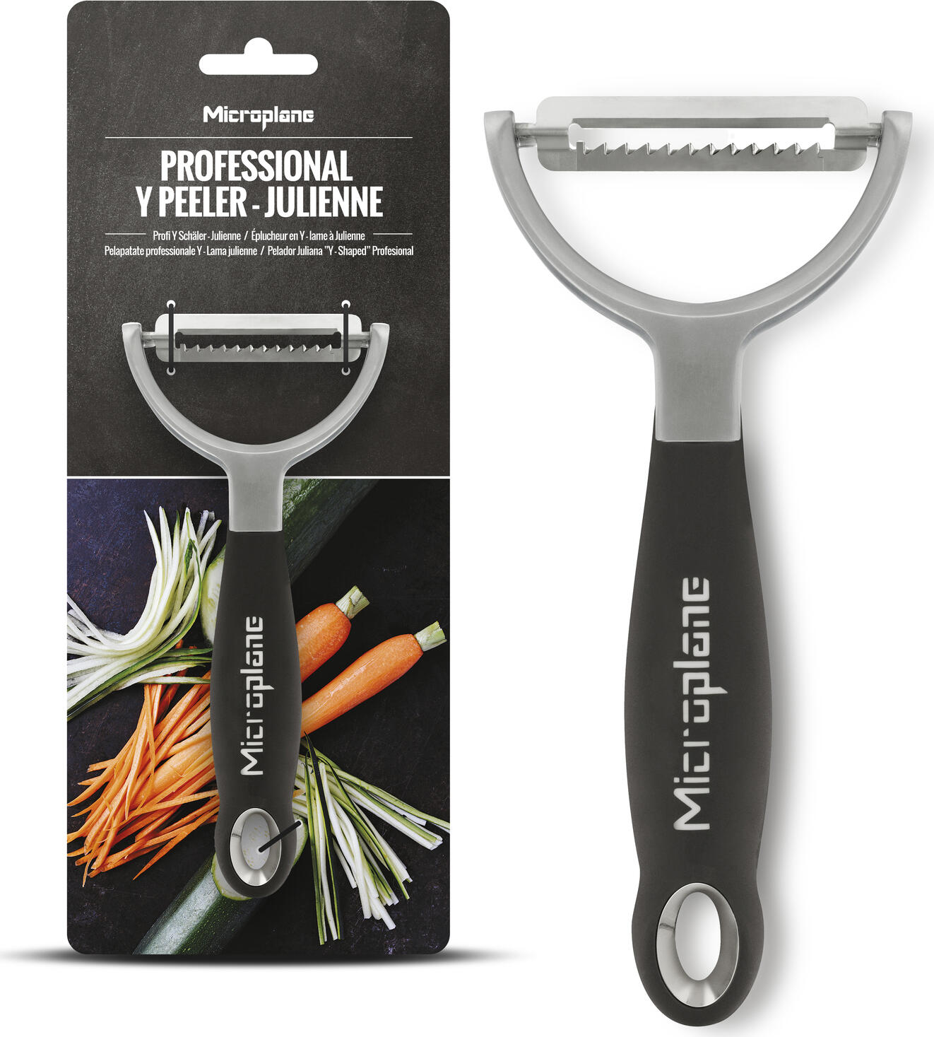 Microplane Microplane International GmbH & Co. KG Professional Y-peeler Julienne Profi Y-Schäler Julienne Professional Y-peeler Julienne; 16.4x7.5x2.5 cm (LxWxH); black Profi Y-Schäler Julienne; 16.4x7.5x2.5 cm (LxBxH); schwarz Professional peeler, pleasant Y-shaped design. Optimum handling. Ergonomic, non-slip soft-touch handle, razor-sharp julienne stainless steel blade for perfect julienne strips of fruit and vegetables such as carrots, cucumbers, zucchinis, potatoes, papaya, etc. Profi -Schäler, angenehmes Y-förmiges Design. Optimale Handhabung. Ergonomischer, rutschfester Soft-Touch Griff, rasiermesserscharfe Julienne Edelstahlklinge für perfekte Julienne Streifen aus Obst und Gemüse wie Karotten, Gurken, Zucchini, Kartoffeln, Papaya usw.