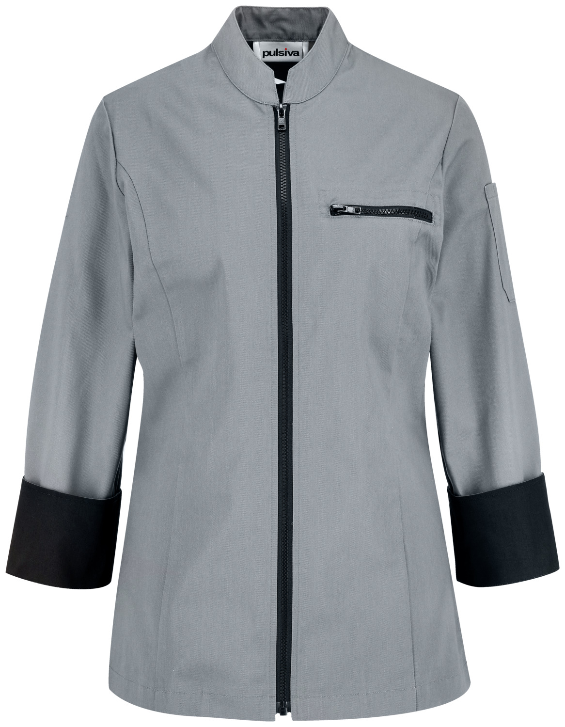PULSIVA LUSINI Solutions GmbH Women's chef jacket Lorenzo Damenkochjacke Lorenzo Women's chef jacket Lorenzo; Size 34; grey Damenkochjacke Lorenzo; Kleidergröße 34; grau 65 % polyester, 35 % cotton. 200 g/m². 60 °C wash Modern, long-sleeved women's chef jacket with contrasting zipper at the center of the front. With a classic short wing collar, a breast pocket with contrasting zipper and turn-up cuffs in a contrasting color. Length of back: 70 cm (size 36) 65 % Polyester, 35 % Baumwolle. 200 g/m². 60°-Wäsche Moderne, langärmlige Damenkochjacke mit Kontrastreißverschluss in der vorderen Mitte. Mit klassischem kurzen Stehkragen, einer Brusttache mit Kontrastreißverschluss, sowie Aufschlagmanschetten in Kontrastfarbe. Rückenlänge: 70 cm in Gr. 36
