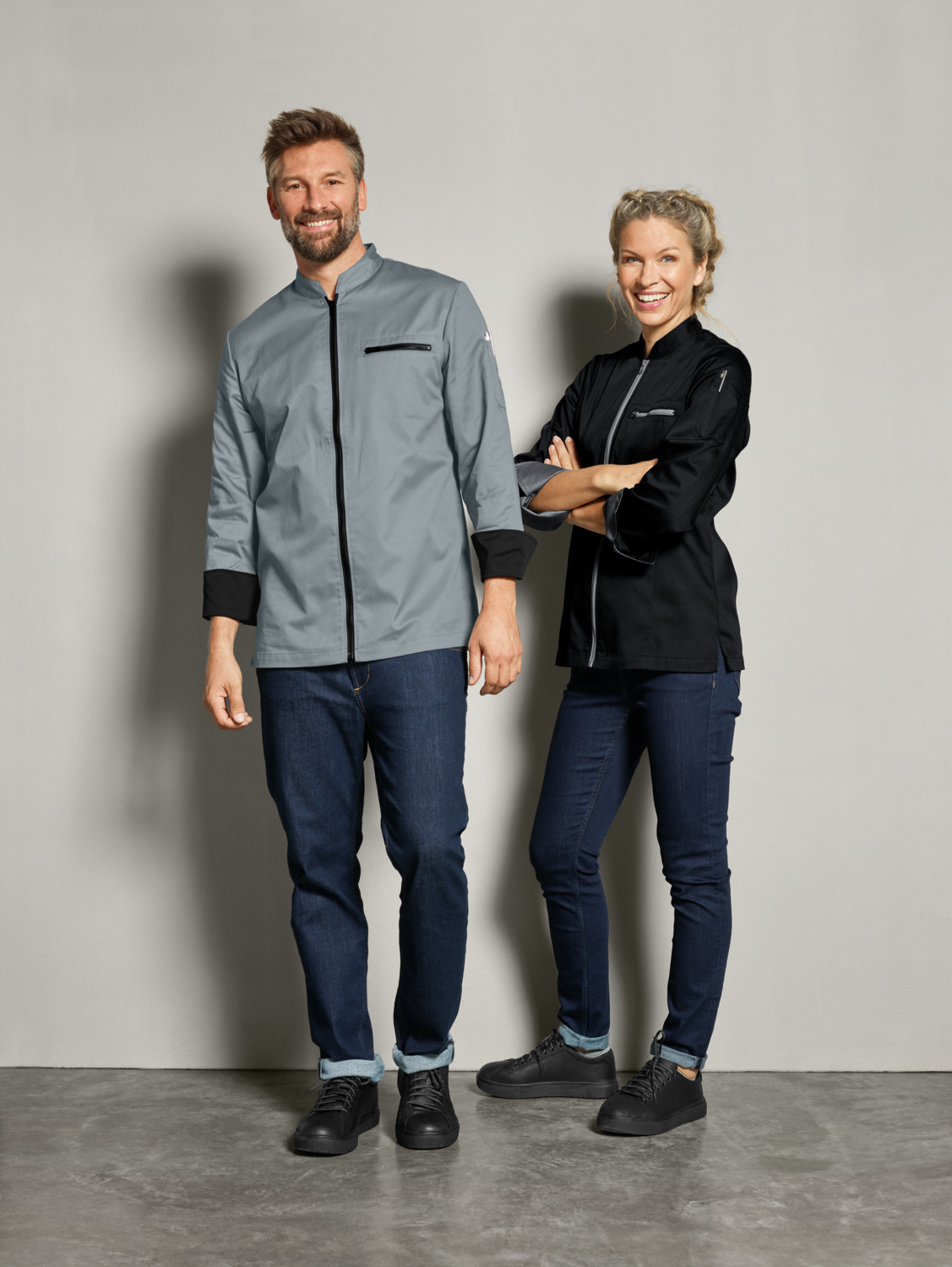 PULSIVA Lorenzo Women's Chef Jacket, 65% Polyester 35% Cotton, Long-Sleeved with Contrasting Zipper and Wing Collar, Grey