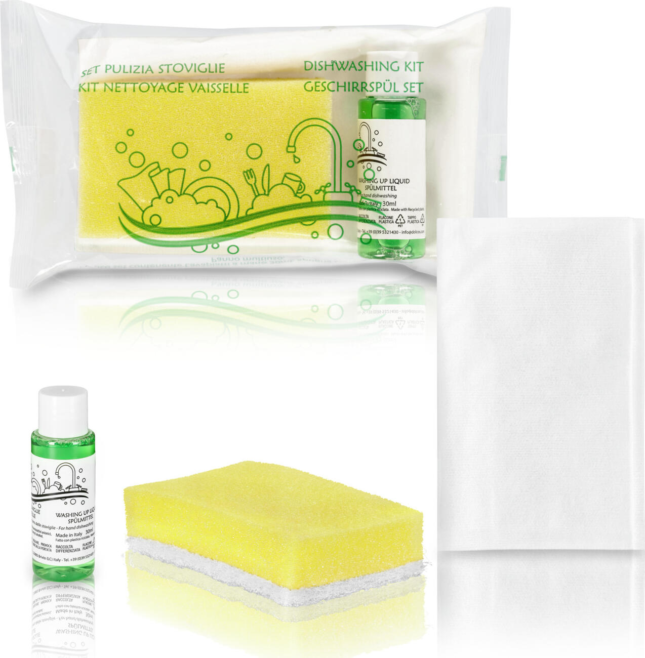 Pulsiva Dishwashing Kit for Tourist Accommodations, Recycled Plastic 30ml Bottle, Non-Scratch Sponge and Reusable Cloth