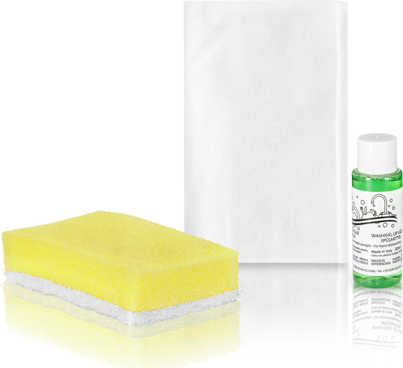 Pulsiva Dishwashing Kit for Tourist Accommodations, Recycled Plastic 30ml Bottle, Non-Scratch Sponge and Reusable Cloth