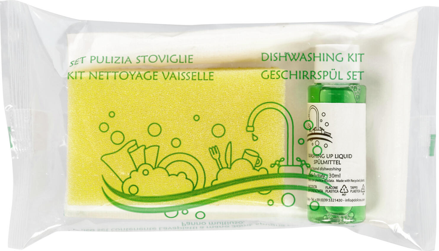 PULSIVA LUSINI Solutions GmbH Cleaning kit Dish with washing-up liquid Reinigungset Dish mit Spülmittel Cleaning kit Dish with washing-up liquid; multicolored; 10 piece / pack Reinigungset Dish mit Spülmittel ; mehrfarbig; 10 Stück / Pack Practical cleaning sets for tourist accommodation. This cleaning set combines essential products for cleaning dishes by hand.  Each pack contains a reusable cloth, a cleaning sponge (does not scratch) and a bottle of dishwasher 30 ml. Praktisches Reinigungsset für Touristenunterkünfte. Dieses Reinigungsset vereint die wesentlichen Produkte für die Reinigung von Geschirr per Hand.  Jede Packung enthält ein Mehrzwecktuch, ein Putzschwamm (zerkratzt nicht) und eine Flasche Geschirrspüler 30 ml.