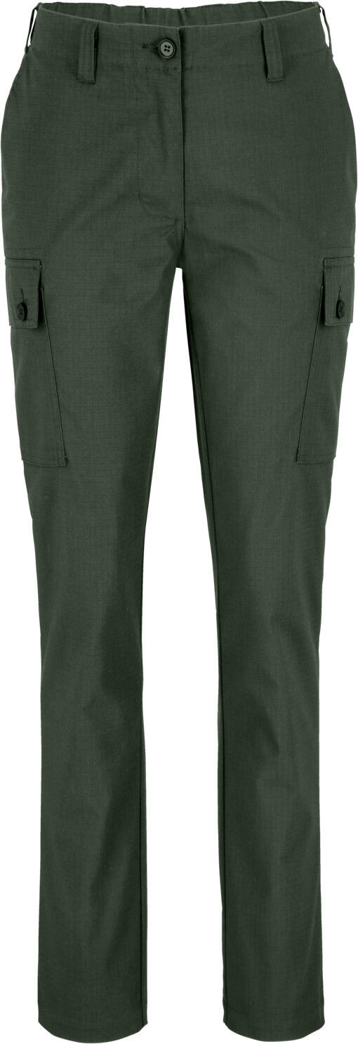 JOBELINE LUSINI Solutions GmbH Women's chef trousers Cargo Ripstop Damen Kochhose Cargo Ripstop Women's chef trousers Cargo Ripstop; Size 34; dark olive Damen Kochhose Cargo Ripstop; Kleidergröße 34; dunkeloliv 64% polyester, 34% cotton, 2% spandex. 230 g/m². 60°C wash. Sporty women's chef trousers made from a functional and slightly elastic ripstop fabric. With two large patch cargo pockets on the legs and a comfortable elasticated waistband at the back. Also with two buttoned back pockets, side slit pockets and belt loops on the waistband. Comfortable rise with a slightly tapered leg. Inside leg length: 80 cm for size 36. 64 % Polyester, 34 % Baumwolle, 2 % Elasthan. 230 g/m². 60°-Wäsche. Sportive Damenkochhose aus einem funktionalen und leicht elastischen Ripstop-Gewebe. Mit zwei großen aufgesetzten Cargotaschen auf den Beinen und komfortablem Dehnbund im Rückenteil. Zudem mit zwei geknöpften Gesäßtaschen, seitlichen Einschubtaschen und Gürtelschlaufen am Bund. Bequeme Leibhöhe mit leicht schmal zulaufendem Bein. Innenbeinlänge: 80 cm in Gr. 36