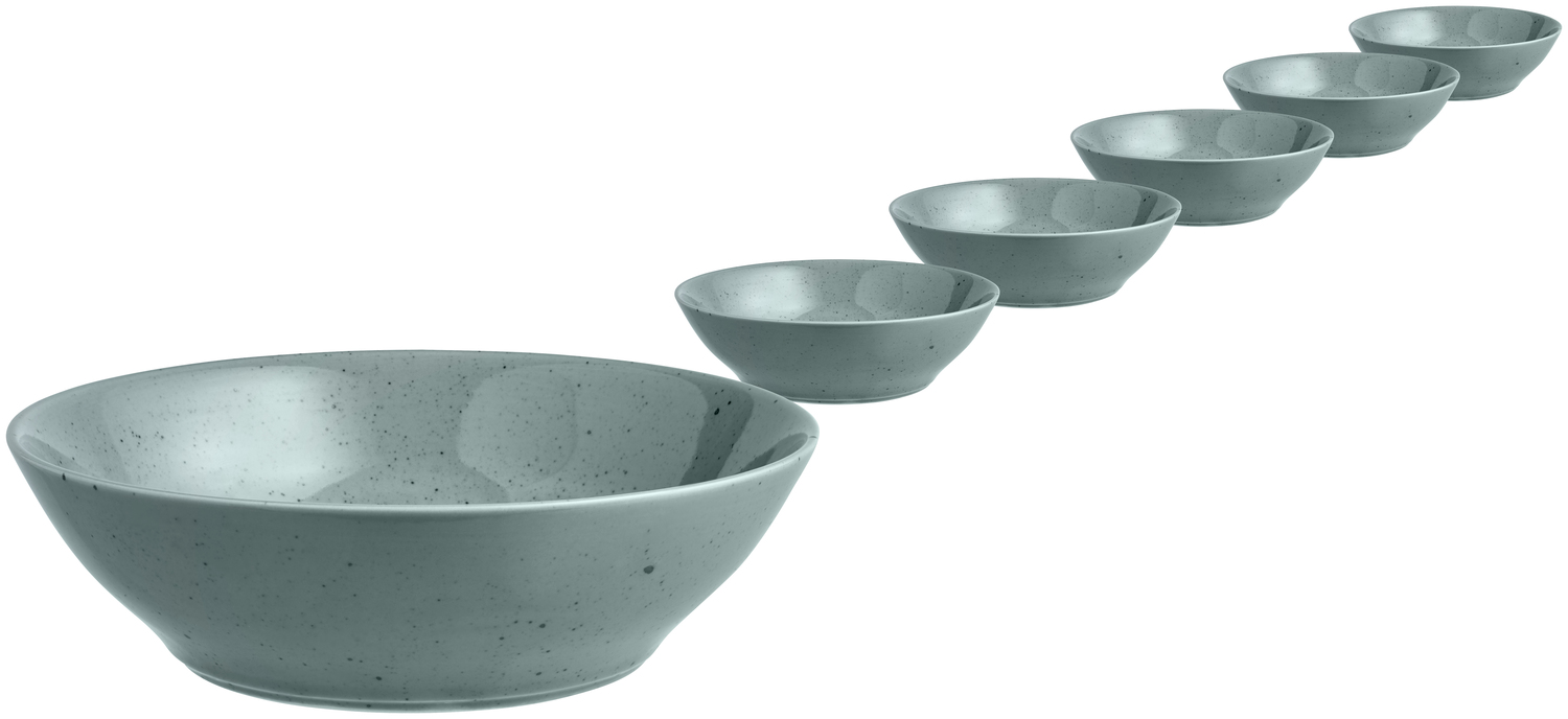 Bol Rotund din Porțelan VEGA Alessia, Turcoaz cu Pete Irregulate, 450ml, Diametru 15.5cm, Înălțime 4,6 cm, Set de 6 bucăți, Compatibil cu Mașina de Spălat Vase și Cuptorul cu Microunde