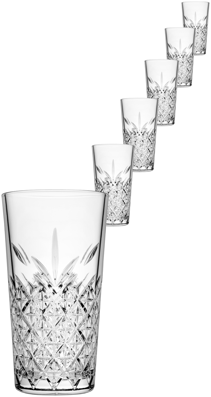 Set 6 Pahare Highball Pasabahce Timeless, 470 ml Sticla Temperata Transparenta cu Model Relievat si Textura Cut Glass, Rezistent la Masina de Spalat Vase