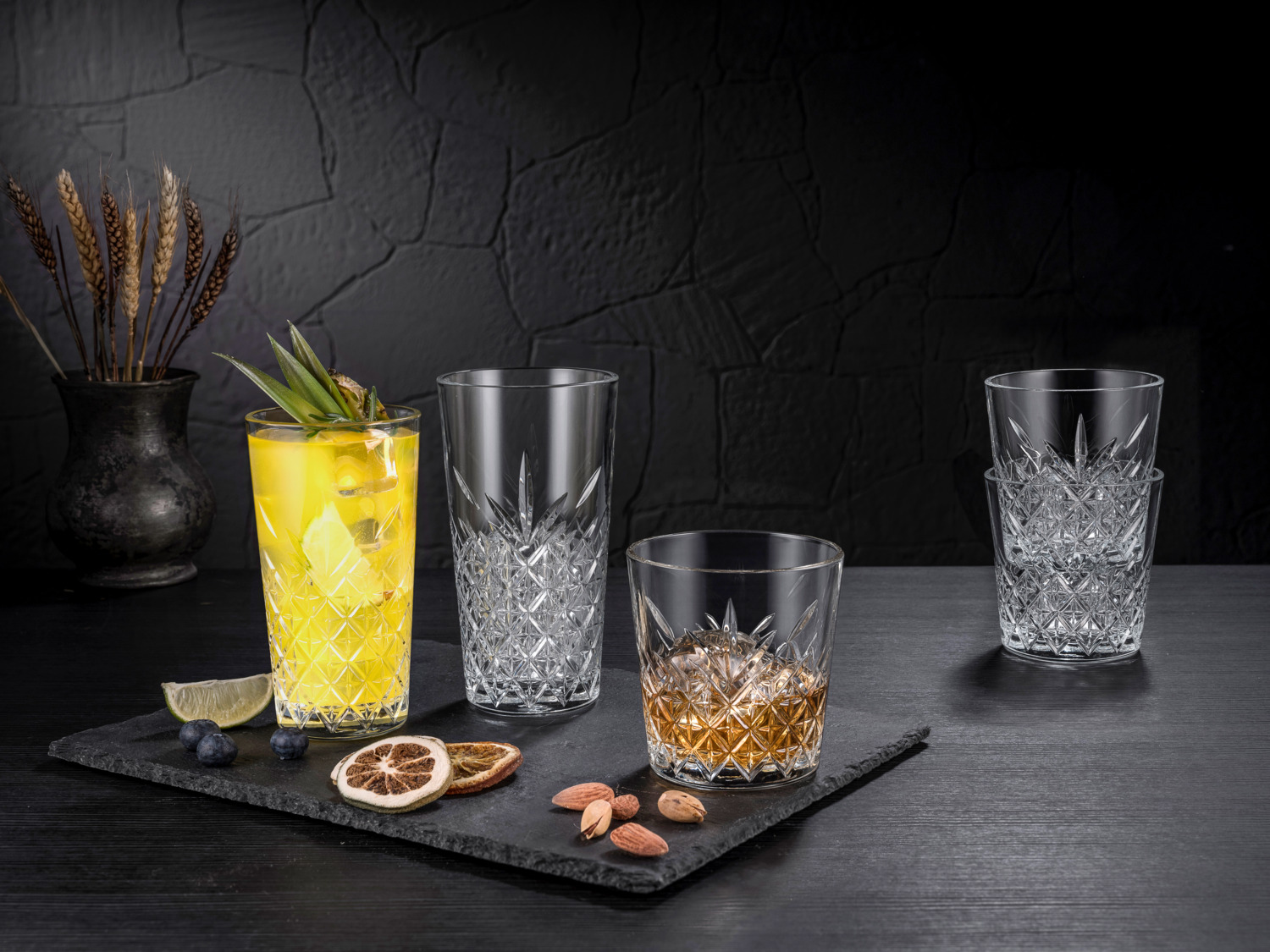Set 6 Pahare Highball Pasabahce Timeless, 470 ml Sticla Temperata Transparenta cu Model Relievat si Textura Cut Glass, Rezistent la Masina de Spalat Vase