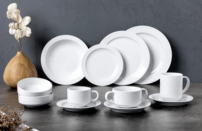 PULSIVA Ronda Porcelain Saucer for Soup and Mugs, 16 cm, White, Stackable, Microwave and Dishwasher Safe, Smooth Rim