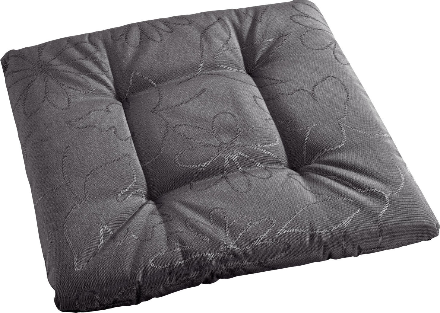ERWIN M. LUSINI Solutions GmbH Seat cushion Floralie Sitzkissen Floralie Seat cushion Floralie; 40x40x4 cm (WxLxH); slate grey; square Sitzkissen Floralie; 40x40x4 cm (BxLxH); schiefergrau; quadratisch 55% polyester, 45% cotton. Seat cushion with jacquard floral design. With nano coating and sealing by acrylate coating on the back, very resistant to stains and can be wiped with a damp cloth. Good lightfastness and therefore also suitable for outdoor use. 55 % Polyester, 45 % Baumwolle. Sitzkissen mit Jacquard-Blumendesign. Mit Nanobeschichtung und Versiegelung durch Acrylatbeschichtung auf der Rückseite, sehr fleckenunempfindlich und feucht abwischbar. Gute Lichtechtheit und somit auch für den geschützten Außenbereich geeignet.