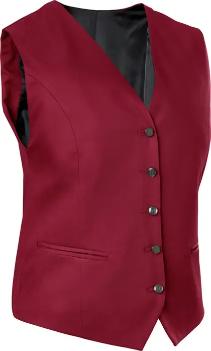 JOBELINE LUSINI Solutions GmbH Women's vest Bistro Damen Weste Bistro Women's vest Bistro; Size 40; bordeaux Damen Weste Bistro; Kleidergröße 40; bordeaux 65 % polyester, 35 % cotton. 60°C wash. Classic service waistcoat for ladies with adjustable back strap to adjust the width at the waist, 5-button placket and two piped pockets. Comfortable cut and fully lined. Particularly hard-wearing and easy-care blended fabric. Back length: 56 cm for size 36. 65 % Polyester, 35 % Baumwolle. 60°-Wäsche. Klassische Serviceweste für die Dame mit verstellbarem Rückenriegel zur Weitenregulierung in der Taille, mit 5-Knopfleiste und zwei paspelierten Taschen. Komfortabel geschnitten und komplett gefüttert. Besonders strapazierfähiges und pflegeleichtes Mischgewebe. Rückenlänge: 56 cm in Gr 36