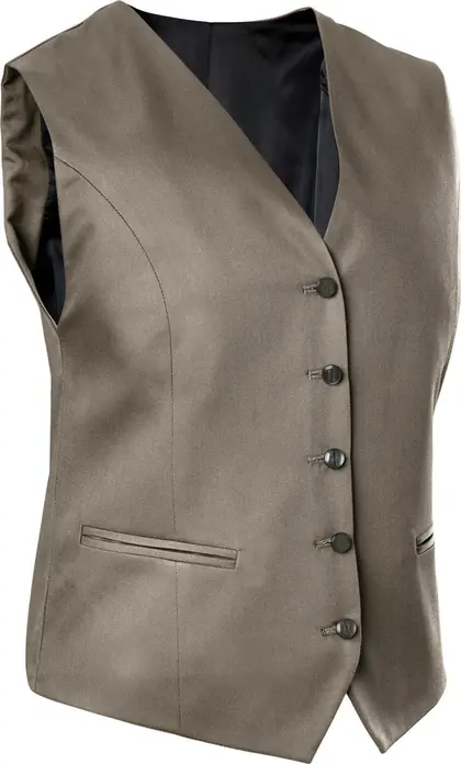 JOBELINE LUSINI Solutions GmbH Women's vest Bistro Damen Weste Bistro Women's vest Bistro; Size 42; taupe Damen Weste Bistro; Kleidergröße 42; taupe 65 % polyester, 35 % cotton. 60°C wash. Classic service waistcoat for ladies with adjustable back strap to adjust the width at the waist, 5-button placket and two piped pockets. Comfortable cut and fully lined. Particularly hard-wearing and easy-care blended fabric. Back length: 56 cm for size 36. 65 % Polyester, 35 % Baumwolle. 60°-Wäsche. Klassische Serviceweste für die Dame mit verstellbarem Rückenriegel zur Weitenregulierung in der Taille, mit 5-Knopfleiste und zwei paspelierten Taschen. Komfortabel geschnitten und komplett gefüttert. Besonders strapazierfähiges und pflegeleichtes Mischgewebe. Rückenlänge: 56 cm in Gr 36