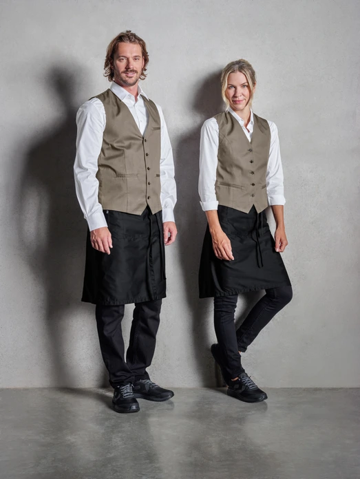 Jobeline Bistro Men's Service Vest, Taupe, Size 62, 65% Polyester 35% Cotton, Adjustable Back Strap, 5-Button Placket, Piped Pockets, OEKO-TEX Standard 100