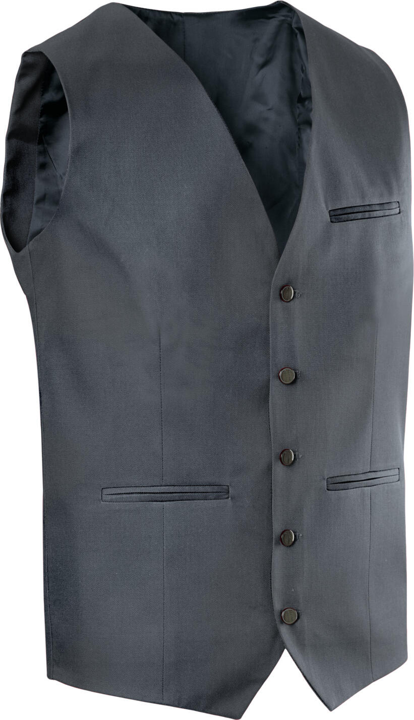 JOBELINE LUSINI Solutions GmbH Men's vest Bistro Herren Weste Bistro Men's vest Bistro; Size 46; graphite Herren Weste Bistro; Kleidergröße 46; graphit 65 % polyester, 35 % cotton. 60°C wash. Classic service waistcoat for men with adjustable back strap to adjust the width at the waist, 5-button placket, three piped outside pockets and one inside breast pocket. Comfortably cut and fully lined. Particularly hard-wearing and easy-care blended fabric. Back length: 66 cm for size 50. 65 % Polyester, 35 % Baumwolle. 60°-Wäsche. Klassische Serviceweste für den Herrn mit verstellbarem Rückenriegel zur Weitenregulierung in der Taille, mit 5-Knopfleiste, drei paspelierten Außentaschen und einer Brustinnentasche. Komfortabel geschnitten und komplett gefüttert. Besonders strapazierfähiges und pflegeleichtes Mischgewebe. Rückenlänge: 66 cm in Gr 50.