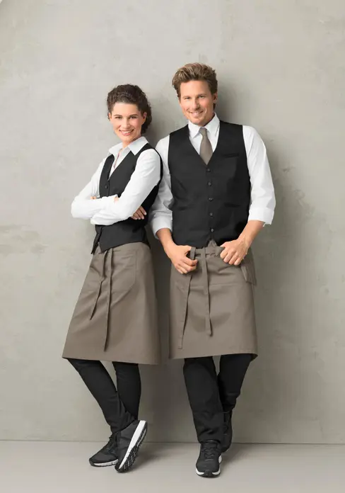 Vestă Jobeline Bistro pentru bărbați, serviciu, neagră, 65% poliester 35% bumbac, cu 5 nasturi, 3 buzunare exterioare, curea reglabilă, complet căptușită