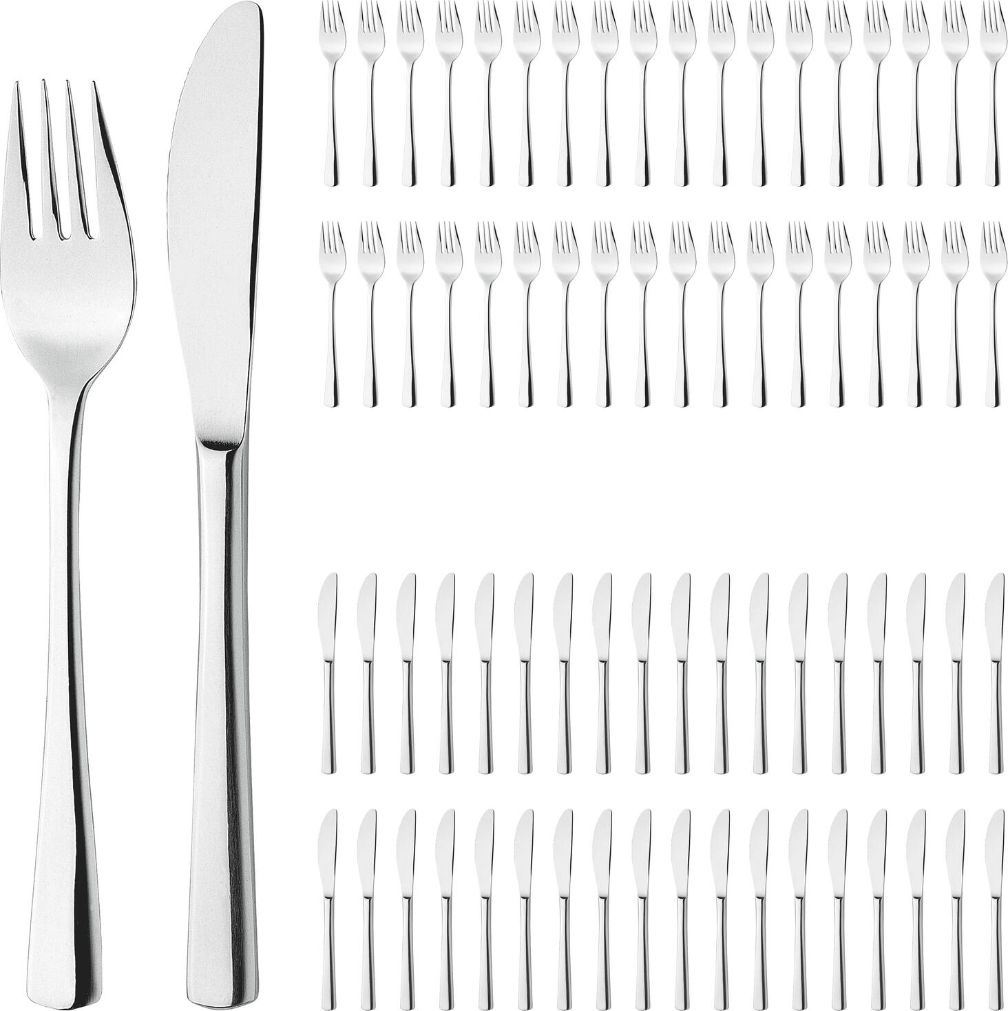 Pulsiva Linz Cutlery Set 72 Pieces, 18/10 Chrome-Nickel Stainless Steel Forks and 13/0 Monoblock Knives, Mirror Polished, Catering Standard, Silver