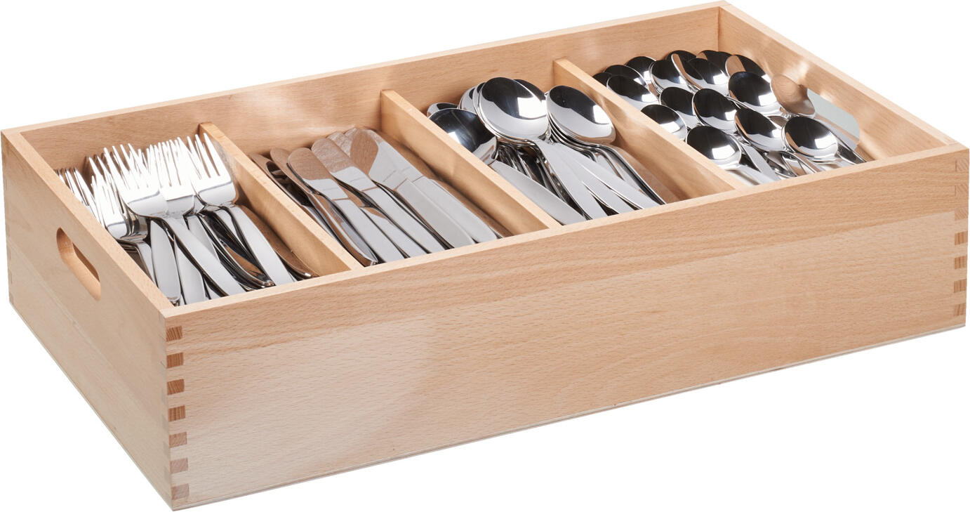 PULSIVA Cutlery Tray Beech Wood, Rectangular Organizer with 4 Compartments and Side Handles, 52 x 30.5 x 12 cm, Food-Safe Heavy Quality