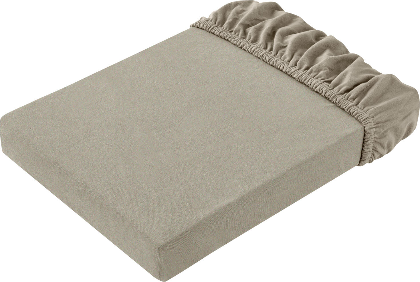 ERWIN M. LUSINI Solutions GmbH Fitted sheet elastic jersey with all-round elastic Spannbettlaken Elastik-Jersey mit Rundumgummi Fitted sheet elastic jersey with all-round elastic; 140-160x200-220 cm (WxL); taupe Spannbettlaken Elastik-Jersey mit Rundumgummi; 140-160x200-220 cm (BxL); taupe 96% cotton, 4% spandex. Weight approx. 150 g/m². The fitted sheet elastic jersey has an extremely high elasticity and thus always the ideal fit. With a flick of the wrist, this fitted sheet is perfectly smooth again and fits even oversized mattresses and waterbeds up to 220 cm. The elastic band sewn in all around ensures a secure hold. Bar height 25 cm. 96 % Baumwolle, 4 % Elasthan. Gewicht ca. 150 g/m². Das Spannbetttuch Elastik-Jersey hat eine extrem hohe Elastizität und somit immer die ideale Passform. Mit einem Handgriff ist dieses Spannbetttuch wieder perfekt glatt und passt auch bei übergroßen Matratzen und Wasserbetten bis 220 cm. Das rundum eingenähte Gummiband sorgt für einen sicheren Halt. Steghöhe 25 cm.