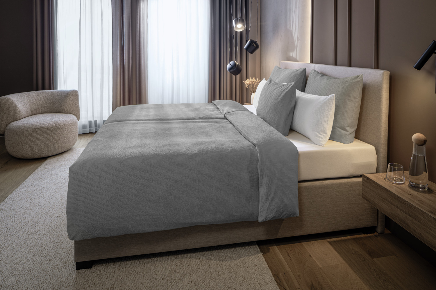 ERWIN M. LUSINI Avellino Duvet Cover, 100% Cotton Woven Seersucker, 155 x 220 cm, Grey, Breathable Non-Iron Bedding with Hotel Fastener, OEKO-TEX Certified