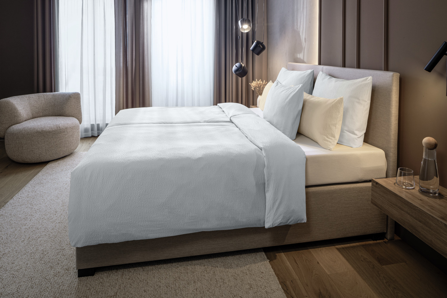Husa pentru plapuma ERWIN M. LUSINI Avellino, 100% Bumbac Seersucker, 155 x 220 cm, Alb, Fara Calcat, Respirabila, Certificare OEKO-TEX Standard 100
