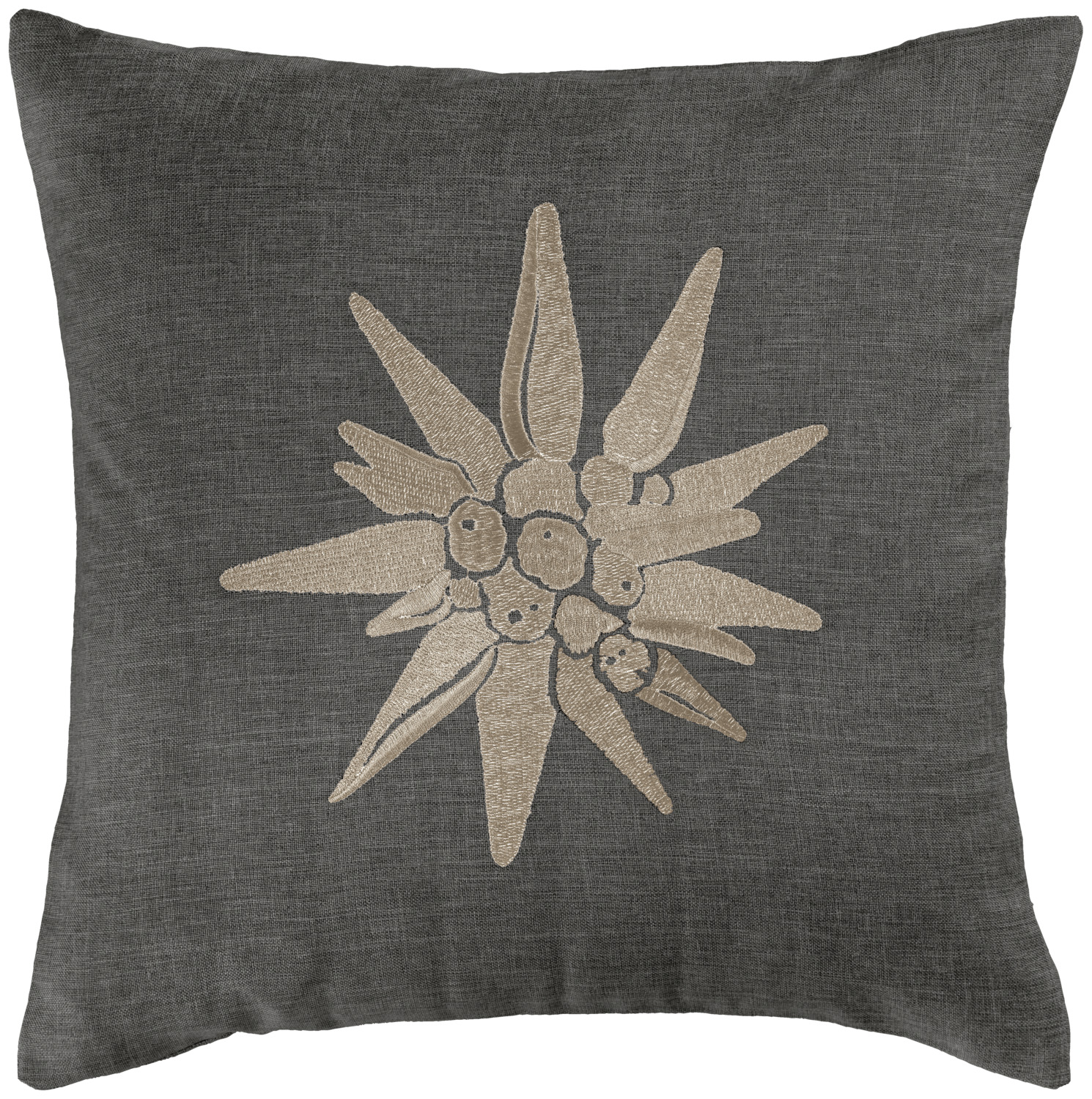 ERWIN M. LUSINI Solutions GmbH Cushion cover Alpino floral motif Kissenhülle Alpino Blumen-Motiv Cushion cover Alpino floral motif; 40x40 cm (WxL); anthracite Kissenhülle Alpino Blumen-Motiv; 40x40 cm (BxL); anthrazit 100% polyester. Weight approx. 210 g/m². Decorative cushion cover with embroidered edelweiss. Practical zip fastening for easy removal and replacement of the cover. Supplied without filling. Hard-wearing. 100 % Polyester. Gewicht ca. 210 g/m². Dekokissenbezug mit aufgesticktem Edelweiß. Praktischer Reißverschluss für einfaches Ab- und Beziehen. Lieferung ohne Füllung. Strapazierfähig.