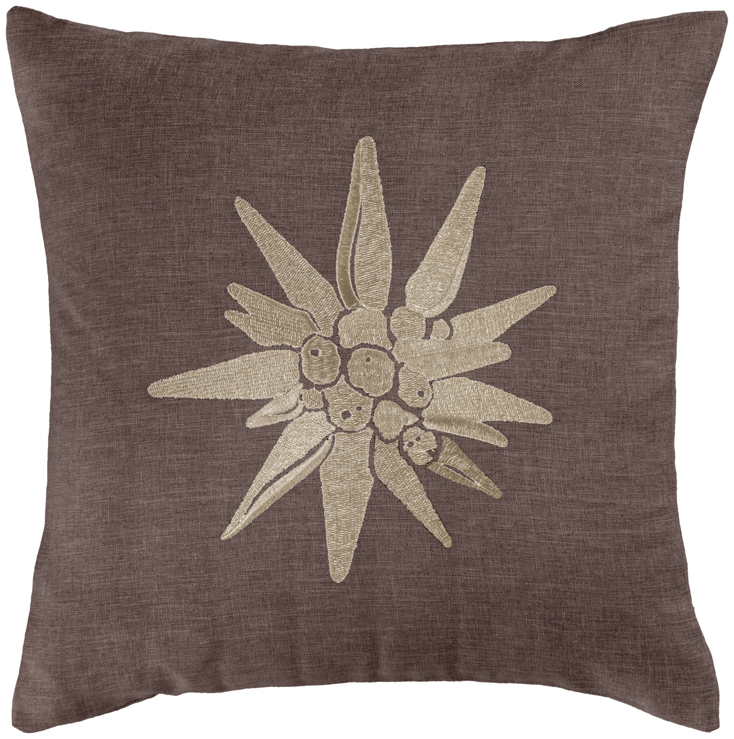 ERWIN M. LUSINI Solutions GmbH Cushion cover Alpino floral motif Kissenhülle Alpino Blumen-Motiv Cushion cover Alpino floral motif; 40x40 cm (WxL); brown Kissenhülle Alpino Blumen-Motiv; 40x40 cm (BxL); braun 100% polyester. Weight approx. 210 g/m². Decorative cushion cover with embroidered edelweiss. Practical zip fastening for easy removal and replacement of the cover. Supplied without filling. Hard-wearing. 100 % Polyester. Gewicht ca. 210 g/m². Dekokissenbezug mit aufgesticktem Edelweiß. Praktischer Reißverschluss für einfaches Ab- und Beziehen. Lieferung ohne Füllung. Strapazierfähig.