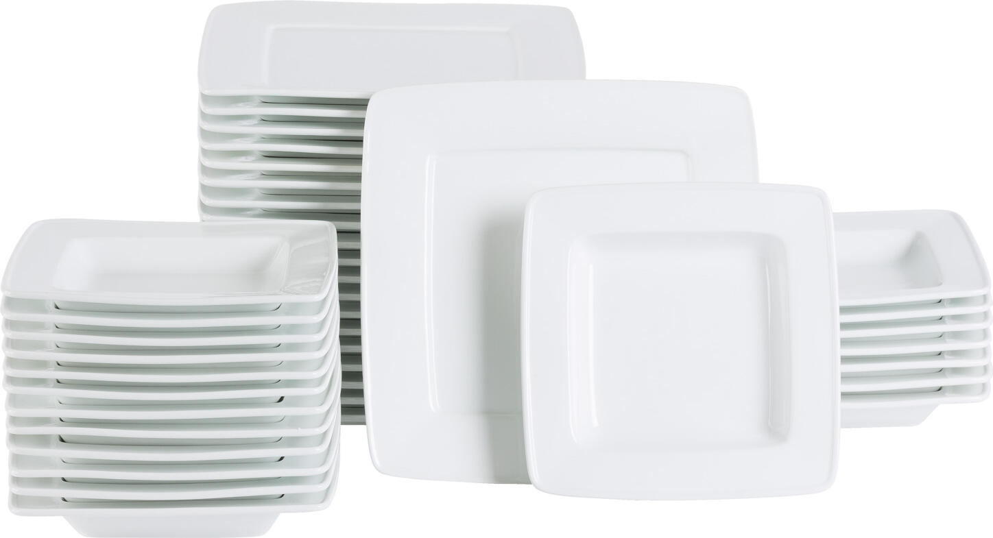 PULSIVA Jazz 40-Piece Porcelain Dinner Set, White Square Plates, 20 Flat 28x28cm and 20 Deep 21.5x21.5cm, Dishwasher and Microwave Safe