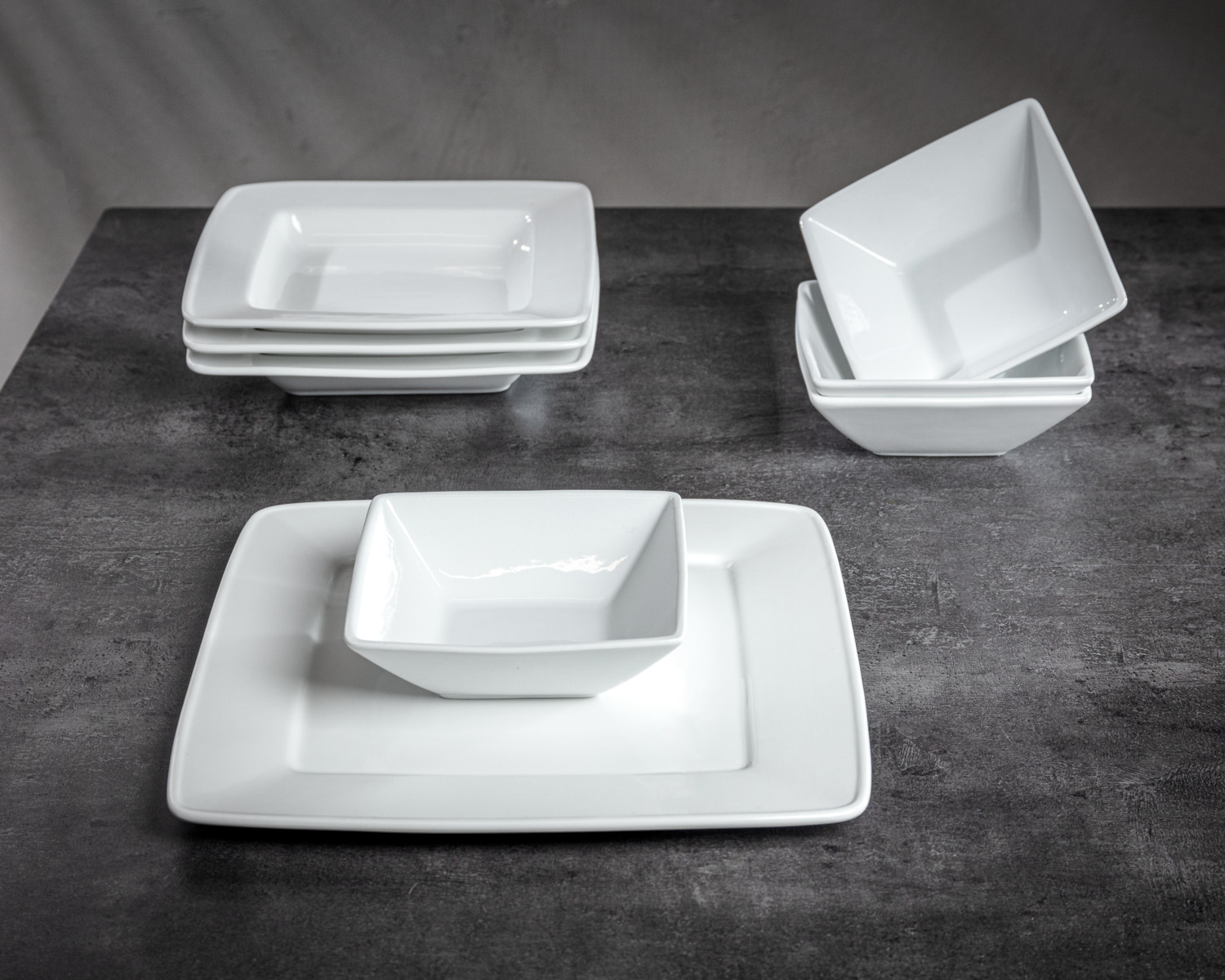 PULSIVA Jazz 40-Piece Porcelain Dinner Set, White Square Plates, 20 Flat 28x28cm and 20 Deep 21.5x21.5cm, Dishwasher and Microwave Safe