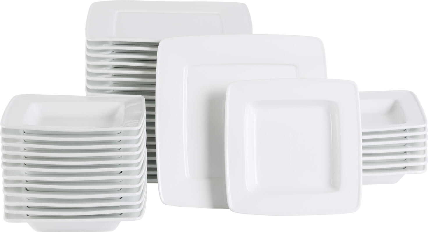PULSIVA Jazz 40-Piece Porcelain Dinner Set, White Square Plates, 20 Flat 28x28cm and 20 Deep 21.5x21.5cm, Dishwasher and Microwave Safe