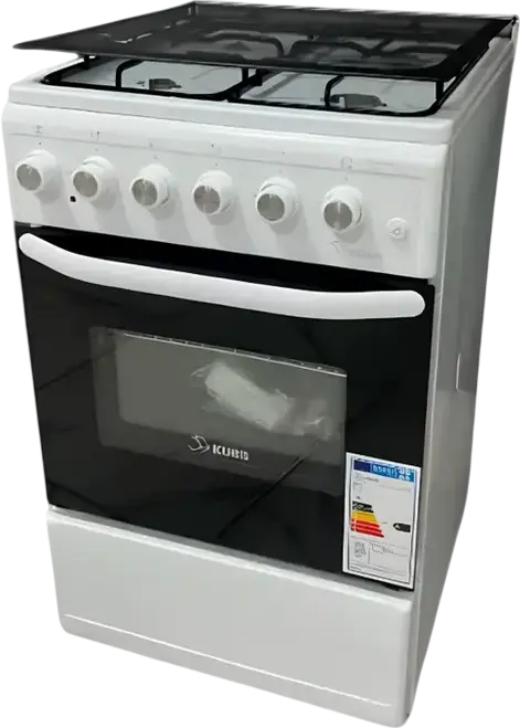 KUBB TD1201MGL Mixed Stove, 4 Gas Burners, 52L Electric Oven, Enamel Surface, Electric Ignition, White and Black, 50x50x85 cm, with Glass Lid