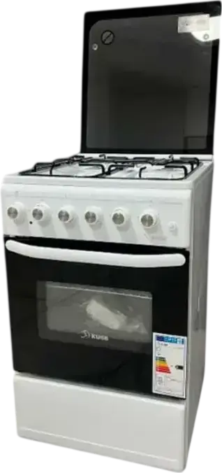 KUBB TD1201MGL Mixed Stove, 4 Gas Burners, 52L Electric Oven, Enamel Surface, Electric Ignition, White and Black, 50x50x85 cm, with Glass Lid