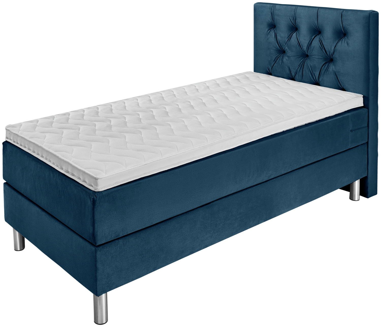 VEGA LUSINI Solutions GmbH Box spring bed Premium Velour, Chesterfield headboard Boxspringbett Premium Velours, Rückenteil Chesterfield Box spring bed Premium Velour, Chesterfield headboard; 100x200x69 cm (WxLxH); dark-blue; hard Boxspringbett Premium Velours, Rückenteil Chesterfield; 100x200x69 cm (BxLxH); dunkelblau; H3-fest Box spring bed in a practical complete set. Box with pocket springs. Solid wood frame. 7-zone pocket spring mattress. Gel foam topper for comfortable sleep. Headboard with classic Chesterfield quilting. Silver steel feet. Height for getting into bed: 69 cm. Height: Feet 16 cm + box 27 cm + mattress 21 cm + topper 5 cm; total height: 69 cm. With velour cover. Available as a single or double bed. Supplied with connecting elements. Boxspringbett im praktischen Komplettset. Box mit Fünf-Zonen-Taschenfederkernmatratze mit 540 Federn auf 2 m². Gepolsteter Rahmen aus Vollholz. 7-Zonen Taschenfederkernmatratze mit 920 Federn auf 2 m². Gelschaum-Topper für guten Schlafkomfort. Rückenteil mit typischer Chesterfield-Steppung - Höhe 115 cm. Rostfreie Metallfüße in Silber. Einstiegshöhe: 69 cm. Höhe Füße 16 cm + Box 27 cm + Matratze 21 cm  + Topper 5 cm insgesamt: 69 cm. Mit Velours-Bezug. Als Einzel- oder Doppelbett erhältlich. Lieferung inkl. Verbindungselemente. Füße der Betten sind bei Lieferung im Inneren der Box zu finden.