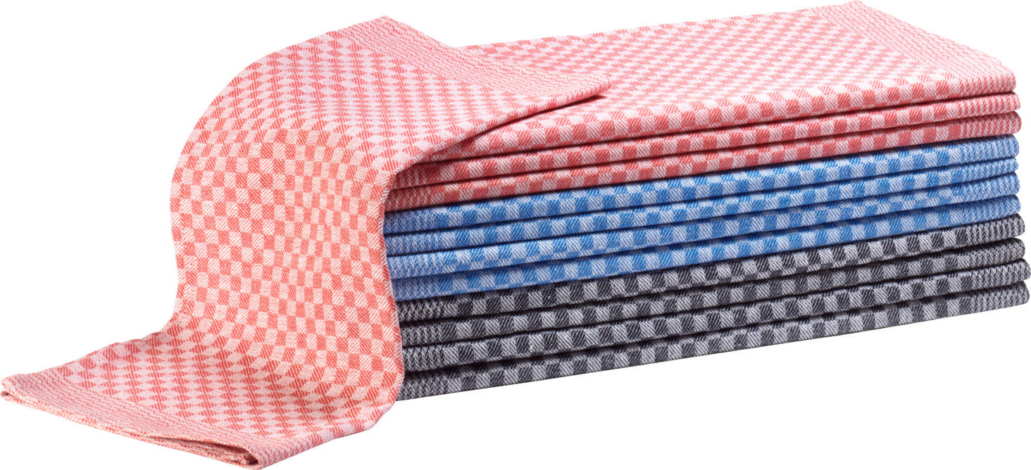 PULSIVA LUSINI Solutions GmbH Tea towels Mellum Grubentücher Mellum Tea towels Mellum; 50x70 cm (WxL); multicolored; rectangular; 12 piece / pack Grubentücher Mellum; 50x70 cm (BxL); mehrfarbig; rechteckig; 12 Stück / Pack 100% cotton. Weight approx. 205 g/m². Supplied in a pack of four each red, blue and grey tea towels. Durable, absorbent, robust. 100 % Baumwolle. Gewicht ca. 205 g/m². Lieferung im Pack mit jeweils vier roten, blauen und grauen Geschirrtüchern. Strapazierfähig, Saugstark, Robust.