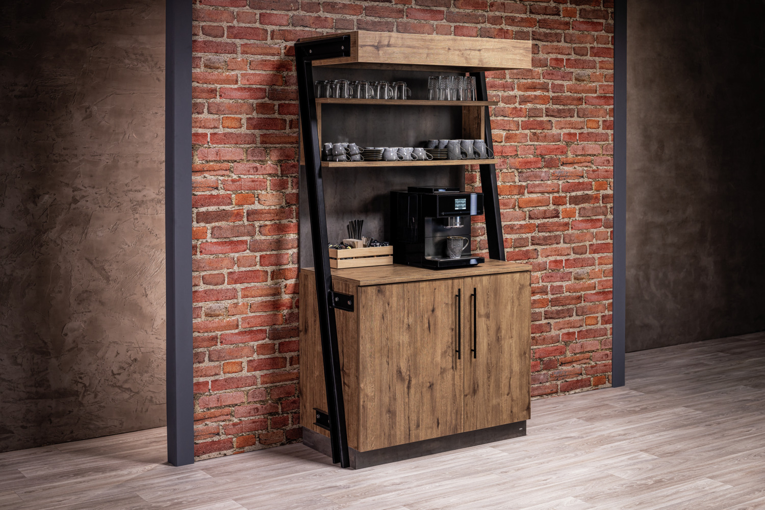 VEGA Baristo Industrial Serving Station, Antique Oak Wood-Based Panels with Steel Frame, 118x61x216 cm, 80kg Load Capacity, Adjustable Shelves