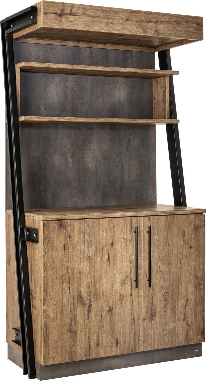 VEGA Baristo Industrial Serving Station, Antique Oak Wood-Based Panels with Steel Frame, 118x61x216 cm, 80kg Load Capacity, Adjustable Shelves