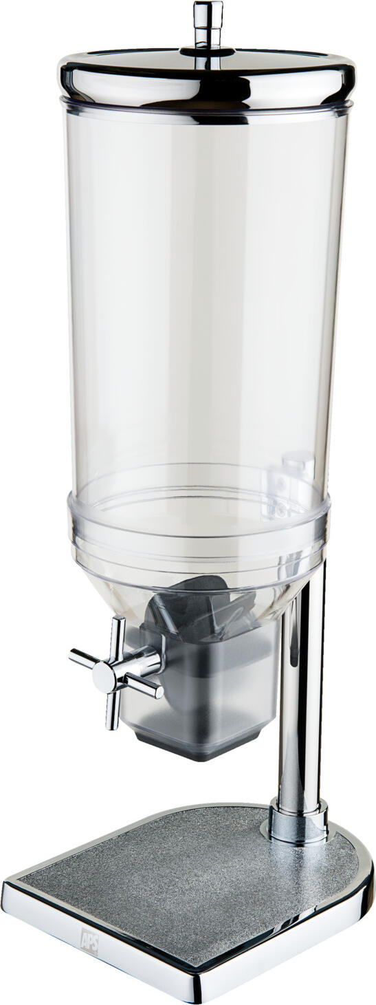 APS Assheuer + Pott GmbH & Co. KG Cereal dispenser Müslispender Estonia Cereal dispenser; 4.5 l, 22x17.5x52 cm (LxWxH); silver/transparent Müslispender Estonia; 4.5 l, 22x17.5x52 cm (LxBxH); silber/transparent Cereal dispenser made of transparent plastic. Lid made of 18/8 chrome-nickel stainless steel. Flexible portioning wheel to prevent clogging. Uncomplicated handling and exact dosing. Food safe. Container and lid dishwasher safe. Der Cerealienspender Estonia ist eine praktische und hygienische Lösung für Frühstücksbuffet, Hotellerie, Gastronomie und Haushalt. Er eignet sich ideal zum übersichtlichen Präsentieren und sauberen Portionieren von Cerealien, Müsli oder trockenen Snacks. Der stabile Standfuß unterstützt einen sicheren Einsatz im Buffetbereich, während der Deckel den Inhalt zuverlässig schützt. Die pflegeleichte Oberfläche kann bei Bedarf einfach feucht abgewischt werden. * Material: SAN, Edelstahl und Zinkdruckguss * Für Cerealien, Müsli und trockene Snacks * Hygienisches Portionieren * Stabiler Standfuß * Feucht abwischbar * Nicht spülmaschinengeeignet