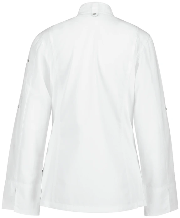 Jobeline Carter Women's Chef Jacket, White, Long-Sleeved, 65% Polyester 35% Cotton, Breathable Mesh Inserts, Concealed Snap Placket, OEKO-TEX Standard 100