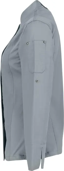 JOBELINE LUSINI Solutions GmbH Women's chef's jacket Carter long-sleeved Damen Kochjacke Carter Langarm Women's chef's jacket Carter long-sleeved; Size 36; grey Damen Kochjacke Carter Langarm; Kleidergröße 36; grau 65 % polyester, 35 % cotton. 150 g/m². 60 °C wash. Long-sleeved women's chef jacket made of extra-lightweight but sturdy fabric. With stand-up collar, breathable mesh inserts on the side, two-section upper arm pocket and bib apron loop in the neck. Closes with snaps in a concealed snap placket. Long sleeves with practical roll-up function. Slightly waisted cut. Back length: 68 cm for size 36. 65 % Polyester, 35 % Baumwolle. 150 g/m². 60°-Wäsche Langärmlige Damenkochjacke aus extra leichtem, aber robustem Gewebe. Mit Stehkragen, atmungsaktiven Mesh-Einsätzen an der Seite, zweigeteilter Oberarmtasche und Latzschürzenschlaufe im Nacken. Verschließbar mit Druckknöpfen in einer verdeckten Druckknopfleiste. Lange Ärmel mit praktischer Roll-Up-Funktion. Leicht tailliert geschnitten. Rückenlänge: 68 cm in Gr. 36