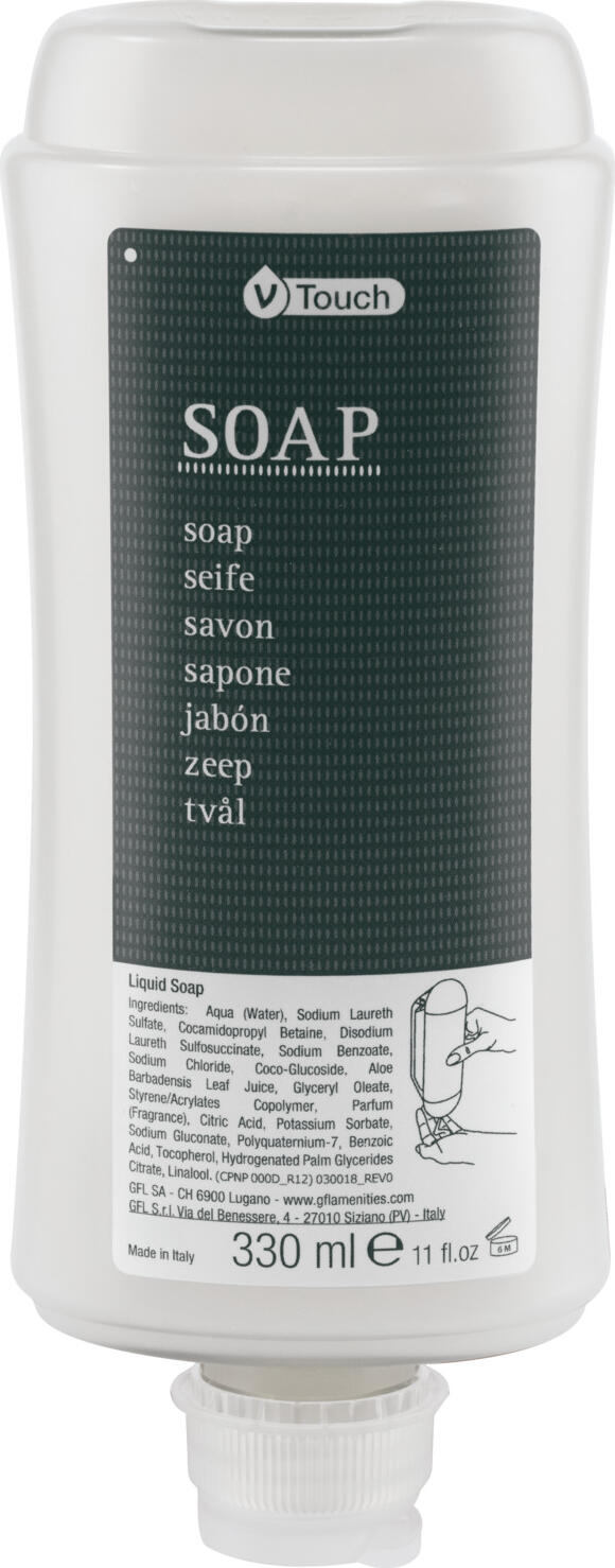 Sapun lichid de hotel V-Touch Eco Fresh, pH neutru, testat dermatologic, EU Ecolabel, 330ml, Sistem Dispenser, Set de 24 piese