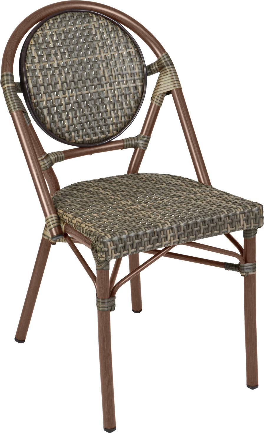 VEGA LUSINI Solutions GmbH Outdoor stacking chair Tolia without armrests Outdoor Stapelstuhl Tolia ohne Armlehnen Outdoor stacking chair Tolia without armrests; 46x55x87.5 cm (WxDxH); seat tobacco, base dark-brown; 2 piece / pack Outdoor Stapelstuhl Tolia ohne Armlehnen; 46x55x87.5 cm (BxTxH); Sitz tabak, Gestell dunkelbraun; 2 Stück / Pack Classic bistro chair made of powder-coated aluminum frame (wood look) and plastic mesh seat. With plastic glides on the chair legs. Stackable, weatherproof and UV-resistant. Suitable for outdoor use. Supplied assembled. Matching chairs with armrests can be ordered at the same time. Klassischer Bistrostuhl aus pulverbeschichtetem Aluminiumgestell (Holzoptik) und Sitzfläche aus Kunststoffgeflecht. Mit Kunststoffgleitern an den Stuhlbeinen. Stapelbar, wetterfest und UV-beständig. Für den Außenbereich geeignet. Lieferung erfolgt montiert. Passende Stühle mit Armlehne gleich mitbestellen.