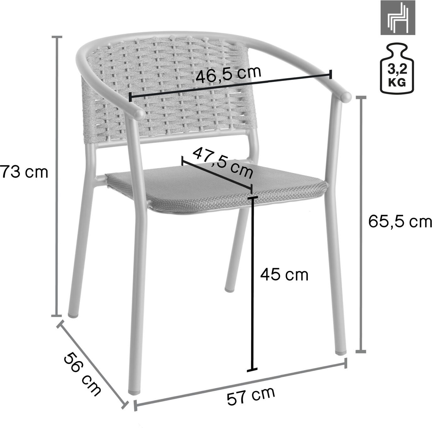 Scaun de exterior stivuibil VEGA Tacoma, cadru din aluminiu vopsit electrostatic, seat din Textilene si rope, rezistent la UV, Antracit, 57x64x73 cm