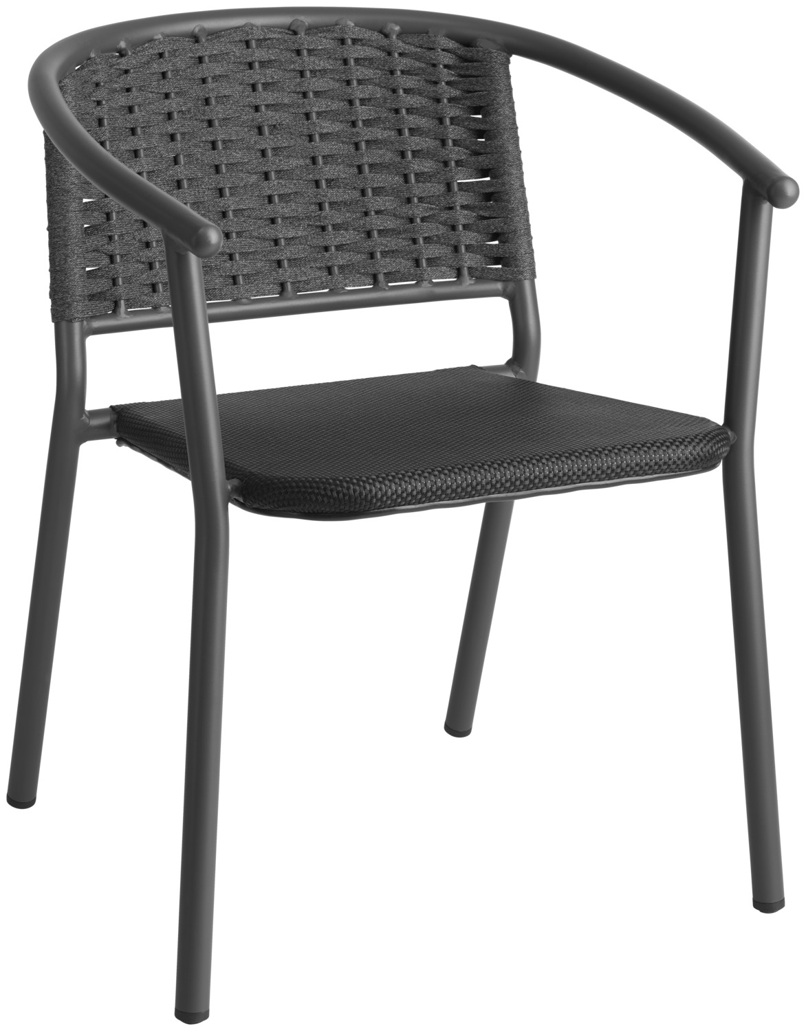 VEGA LUSINI Solutions GmbH Outdoor stacking chair Tacoma Terrassenstuhl Tacoma Outdoor stacking chair Tacoma; 57x64x73 cm (WxDxH); anthracite; 2 piece / pack Terrassenstuhl Tacoma; 57x64x73 cm (BxTxH); anthrazit; 2 Stück / Pack Outdoor chair made of powder-coated aluminum frame, seat made of Textilene covering and back made of Rope (98% polypropylene + 2% polyester yarn). UV-resistant, lightfast and stackable. Stackable up to five chairs. Suitable for outdoor use. Supplied assembled. Matching Metropolitan or Lineares seat cushions can be ordered at the same time. Outdoorstuhl aus pulverbeschichtetem Aluminiumrahmen, Sitzfläche aus Textilen-Bespannung und Rückenfläche aus Rope-Geflecht (98 % Polypropylen + 2 % Polyestergarn). UV-beständig, lichtecht und stapelbar. Bis zu fünf Stühle stapelbar. Für den Außenbereich geeignet. Lieferung erfolgt montiert. Passende Sitzkissen Metropolitan oder Lineares gleich mitbestellen.