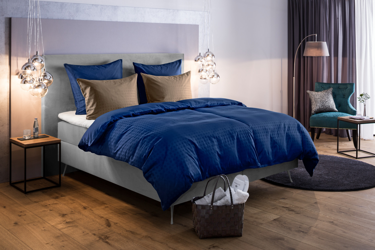 Husa Perna ERWIN M. LUSINI Solutions GmbH Cube, Albastru, 100% Bumbac Damasc, 210 TC, 70x90 cm, Fermoar Rezistent la Calcat, Calitate Hoteliera